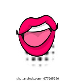 Pop art woman show tongue, dare, open lips, wow. Comics book pop art girl face body part kitch. Cartoon girl lipstick label tag expression. Funny mood emotion sound effects. Vector illustration.