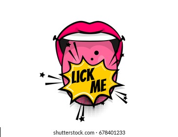 Pop art woman show tongue smile lips LICK ME, wow. Comics book balloon. Bubble speech phrase. Cartoon girl lipstick font label tag expression. Comic text sound effects. Vector illustration.