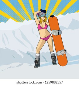 Pop Art Woman Snowboarder on the Slopes.