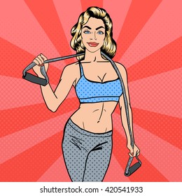 Pop Art Woman with Sport Equipment. Fitness Girl. Healthy Lifestyle. Vector illustration