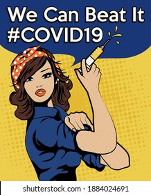 Pop Art Woman with springe and "we can beat it #covid19" sign. vector illustration. Iconic woman's fist symbol of female power and industry. cartoon woman attitude