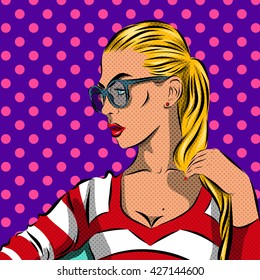 Pop Art Woman with sunglasses - on a polka-dots background. Vector