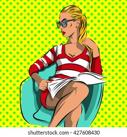 Pop Art Woman with sunglasses - on a polka-dots background. Vector illustration. 