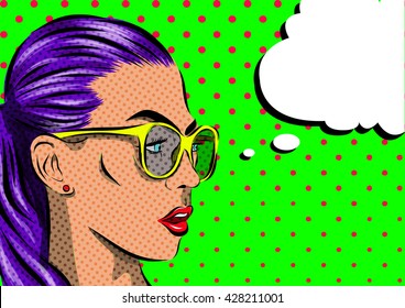 Pop Art Woman with sunglasses - on a polka-dots background. Vector