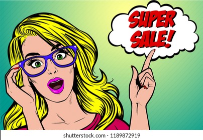 Pop art woman Super sale banner speech bubble. Blonde Girl pointing and showing sign. Vector retro vintage illustration comic book style.
