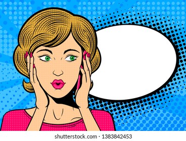 Pop art woman talk on mobile phone. Surprised female face with speech bubble. Retro dotted background. Stock vector illustration.