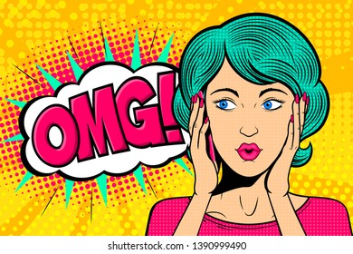 Pop art woman talk on mobile phone. Surprised female face with OMG! speech bubble. Retro dotted background. Stock vector illustration for discount or party invitation poster.