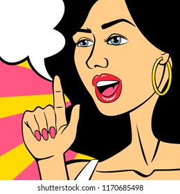 Pop art woman talking using speech bubble. Vintage girl with red lips in comic style. Flat vector illustration