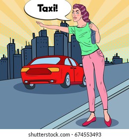 Pop Art Woman Trying to Catch a Taxi in the City Road. Vector illustration