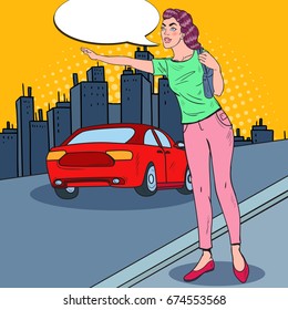 Pop Art Woman Trying to Catch a Car in the City Road. Vector illustration