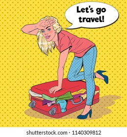 Pop Art Woman Trying to Close Overflowed Suitcase. Girl Preparing for Summer Traveling. Travel Concept. Vector illustration