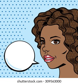 Pop art woman vector illustration, beautiful afro american woman thinking with bubble for your text.