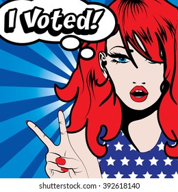 Pop Art Woman I VOTED! sign. vector illustration. Election. Vote for America.