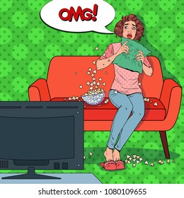 Pop Art Woman Watching a Horror Movie at Home. Terrified Girl Watch Film on the Couch with Popcorn. Vector illustration