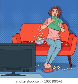 Pop Art Woman Watching a Horror Movie at Home. Shocked Girl Watch Film on the Couch with Popcorn. Vector illustration