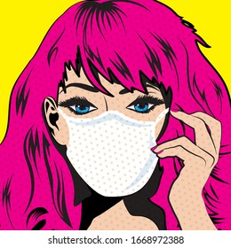 Pop Art Woman wearing a face mask THAT protect from the coronavirus disease. Vector illustration. 