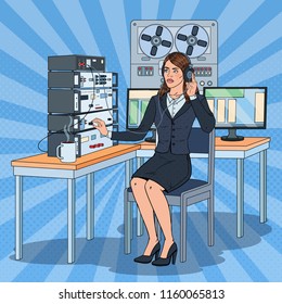 Pop Art Woman Wiretapping Using Headphones and Reel Recorder. Female Spy Agent. Vector illustration