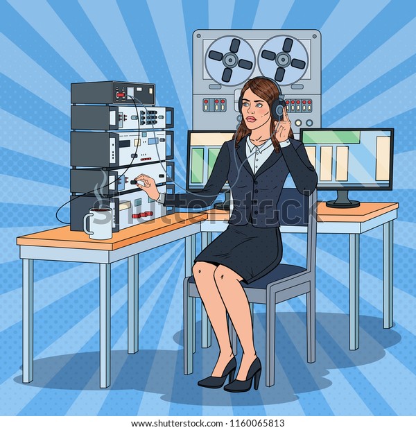 Pop Art Woman Wiretapping\
Using Headphones and Reel Recorder. Female Spy Agent. Vector\
illustration
