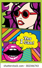 Pop Art Woman YES I CAN! sign. vector illustration card.