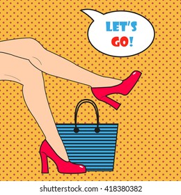 As pernas da mulher da arte pop. Ilustração vetorial
Pernas de mulher em sapatos cor de rosa. Mulher cômica com balão de fala. Estilo de pop art retrô