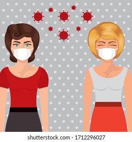 Pop art women with masks against 2019 ncov virus over pointed background design of Covid 19 cov coronavirus and infection theme Vector illustration