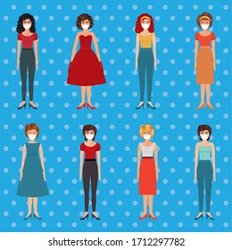 Pop art women with masks against 2019 ncov virus over pointed background design of Covid 19 cov coronavirus and infection theme Vector illustration