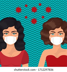 Pop art women with masks against 2019 ncov virus over striped background design of Covid 19 cov coronavirus and infection theme Vector illustration