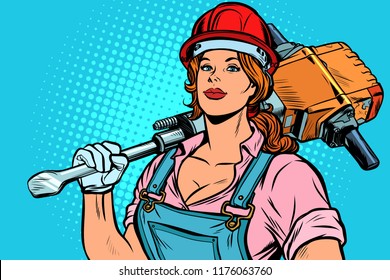 pop art women road worker Builder with jackhammer, retro vector illustration vintage kitsch