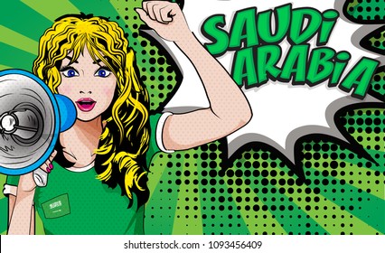 
Pop Art Women. Young Happy SAUDI ARABIA Football Fan With Megaphone & Open Mouth Rising Her Hand Celebrates Win With Country Name Speech Bubble. Vector Soccer Illustration In Retro Comic Style. Sport