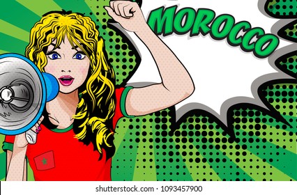 Pop Art Women. Young happy MOROCCO football fan with megaphone & open mouth rising her hand celebrates win with country name speech bubble. Vector soccer illustration in retro comic style. Sport
