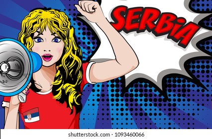 
Pop Art Women. Young happy SERBIA football fan with megaphone & open mouth rising her hand celebrates win with country name speech bubble. Vector soccer illustration in retro comic style. Sport
