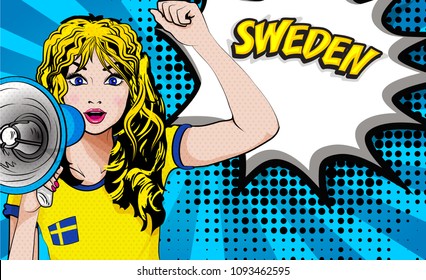 

Pop Art Women. Young happy SWEDEN football fan with megaphone & open mouth rising her hand celebrates win with country name speech bubble. Vector soccer illustration in retro comic style. Spor