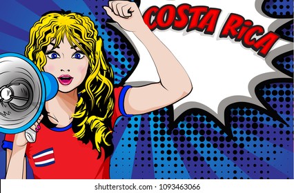 
Pop Art Women. Young happy COSTA RICA football fan with megaphone & open mouth rising her hand celebrates win with country name speech bubble. Vector soccer illustration in retro comic style. Sport