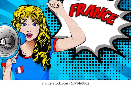 Pop Art Women. Young happy FRANCE football fan with megaphone & open mouth rising her hand celebrates win with country name speech bubble. Vector soccer illustration in retro comic style. Sport