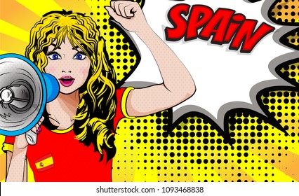 Pop Art Women. Young happy SPAIN football fan with megaphone & open mouth rising her hand celebrates win with country name speech bubble. Vector soccer illustration in retro comic style. Sport