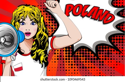 Pop Art Women. Young happy POLAND football fan with megaphone & open mouth rising her hand celebrates win with country name speech bubble. Vector soccer illustration in retro comic style. Sport