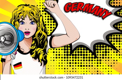 Pop Art Women. Young happy GERMANY football fan with megaphone & open mouth rising her hand celebrates win with country name speech bubble. Vector soccer illustration in retro comic style. Sport