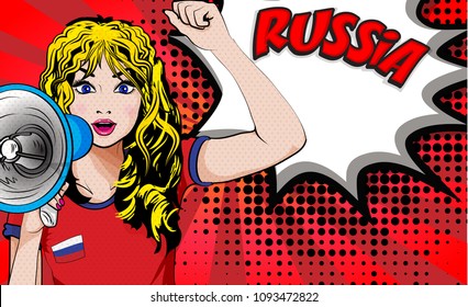 Pop Art Women. Young happy RUSSIA football fan with megaphone & open mouth rising her hand celebrates win with country name speech bubble. Vector soccer illustration in retro comic style. Sport