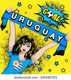 Pop Art Women. Young happy URUGUAY football fan with open mouth rising her hands with country name scarf celebrates win with goal speech bubble. Vector soccer illustration in retro comic style. Sport