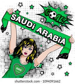 Pop Art Women. Young Happy SAUDI ARABIA Football Fan With Open Mouth Rising Her Hands With Country Name Scarf Celebrates Win With Goal Speech Bubble. Vector Soccer Illustration In Retro Comic Style. 