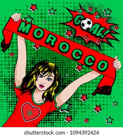 Pop Art Women. Young happy MOROCCO football fan with open mouth rising her hands with country name scarf celebrates win with goal speech bubble. Vector soccer illustration in retro comic style. Sport