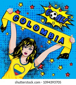 Pop Art Women. Young happy COLOMBIA football fan with open mouth rising her hands with country name scarf celebrates win with goal speech bubble. Vector soccer illustration in retro comic style. Sport