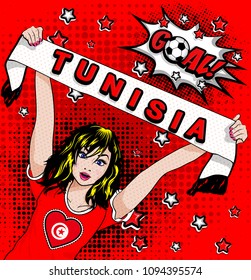 Pop Art Women. Young happy TUNISIA football fan with open mouth rising her hands with country name scarf celebrates win with goal speech bubble. Vector soccer illustration in retro comic style. Sport