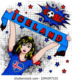 Pop Art Women. Young happy ICELAND football fan with open mouth rising her hands with country name scarf celebrates win with goal speech bubble. Vector soccer illustration in retro comic style. Sport