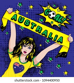 Pop Art Women. Young happy AUSTRALIA football fan with open mouth rising her hands with country name scarf celebrates win with goal speech bubble. Vector soccer illustration in retro comic style. 