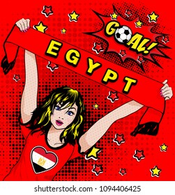 Pop Art Women. Young happy EGYPT football fan with open mouth rising her hands with country name scarf celebrates win with goal speech bubble. Vector soccer illustration in retro comic style. Sport