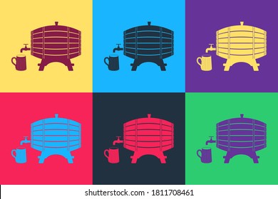 Pop art Wooden barrel on rack with stopcock and wooden beer mug icon isolated on color background. Vector.