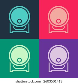 Pop art Wooden barrel on rack with stopcock icon isolated on color background.  Vector