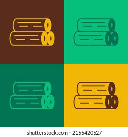 Pop art Wooden log icon isolated on color background. Stack of firewood.  Vector