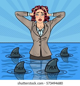 Pop Art Worried Helpless Businesswoman Swimming with Sharks. Vector illustration